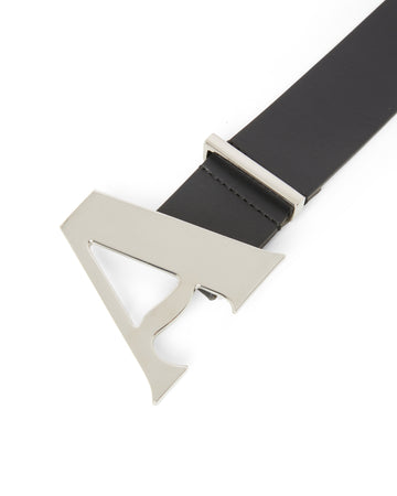 "A" Buckle Black Leather Belt